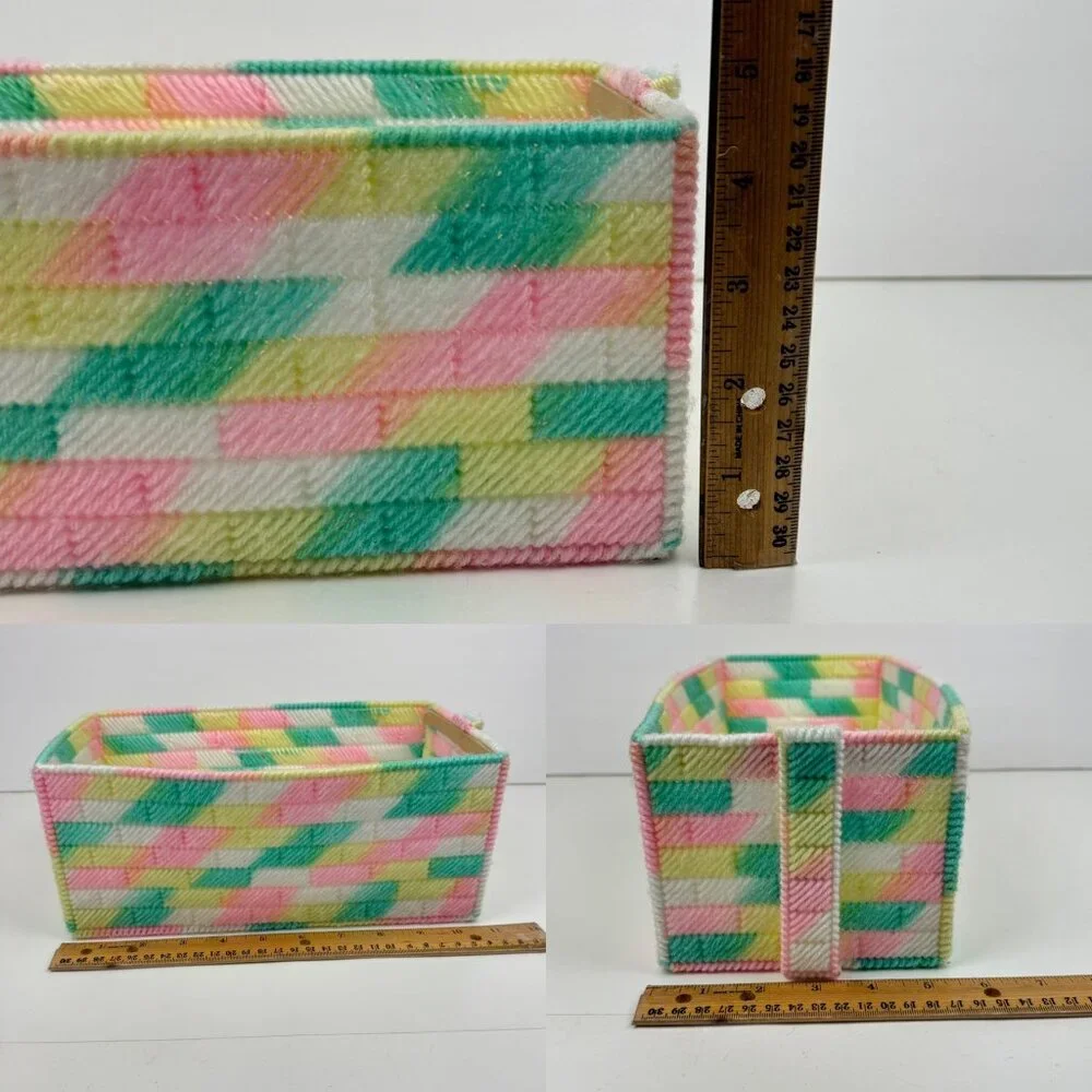 Vtg Pastel Colorful Multicolor Yarn Plastic Canvas Rectangle w Handle Basket‎